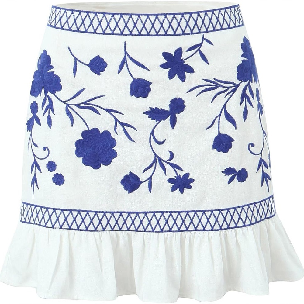 Blue Rain Floral Linen blend Embroidered Mini Skirt Medium